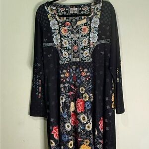 Johnny Was Black Long-Sleeve Floral Embroidered Maxi Dress